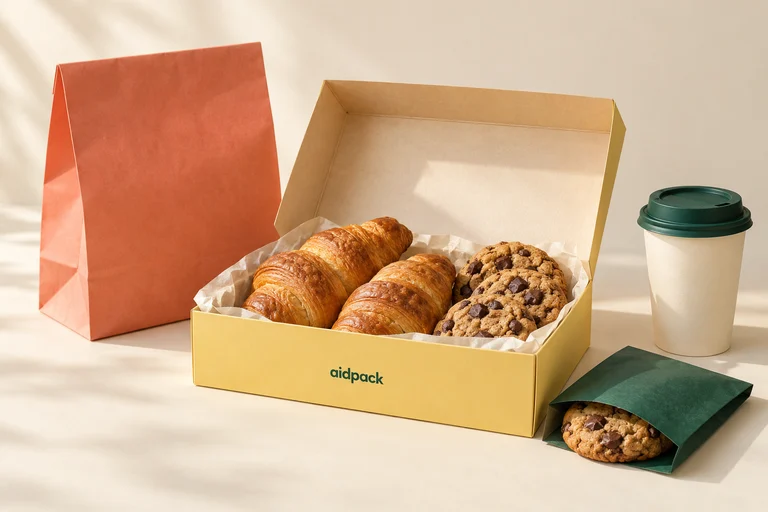 Croissants und Cookies in einer gelben Gebäckbox mit Papiertüte, Becher und grüner Cookie-Hülle.
