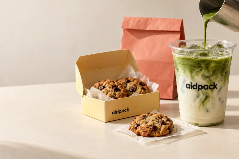 Matcha fließt in einen Becher neben einer gelben Cookie-Box und einer korallfarbenen Papiertüte.