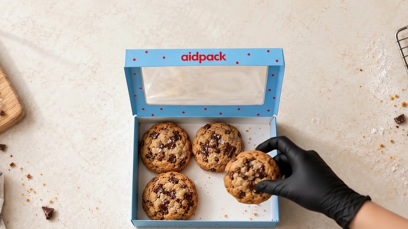Cookies werden in eine blaue AidPack-Box mit Sichtfenster gelegt — generiertes Gestaltungsbeispiel