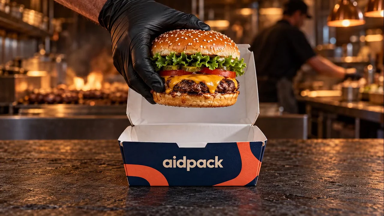 Burger in einer geöffneten AidPack-Verpackung — generiertes Gestaltungsbeispiel