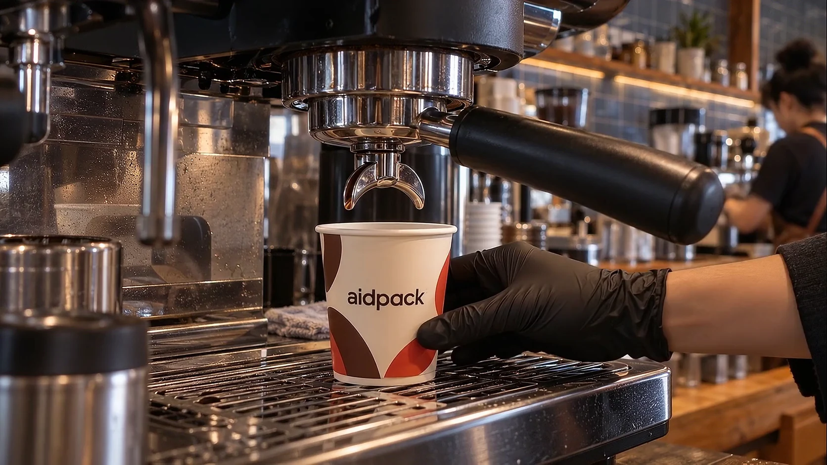 Papierbecher mit AidPack-Schriftzug unter den Ausläufen einer Espressomaschine — generiertes Gestaltungsbeispiel