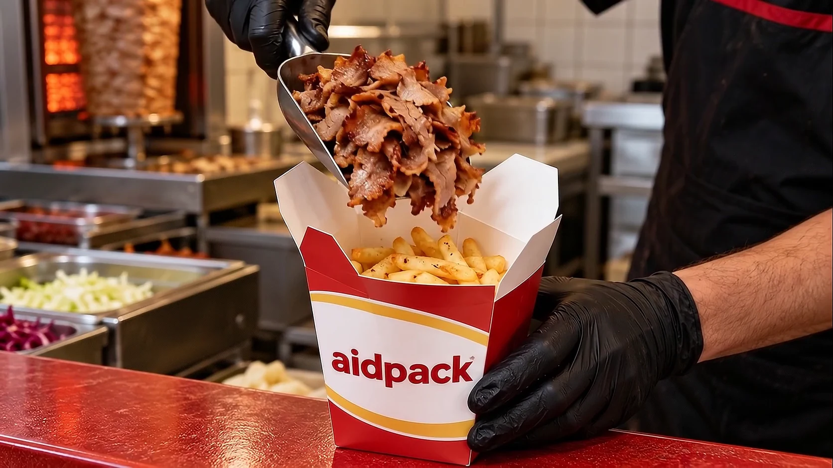 Dünn geschnittenes Dönerfleisch über einer geöffneten AidPack-Box mit Pommes vor einer Imbisstheke — generiertes Gestaltungsbeispiel