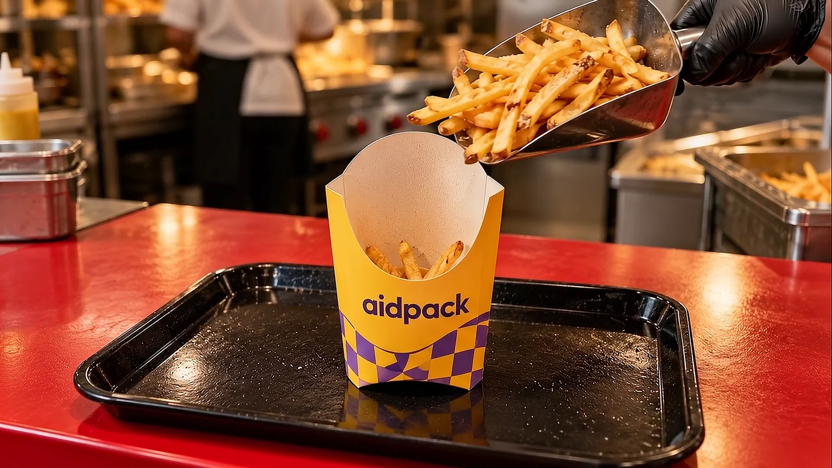 Pommes in einer AidPack-Snackbox vor einer Restaurantküche — generiertes Gestaltungsbeispiel