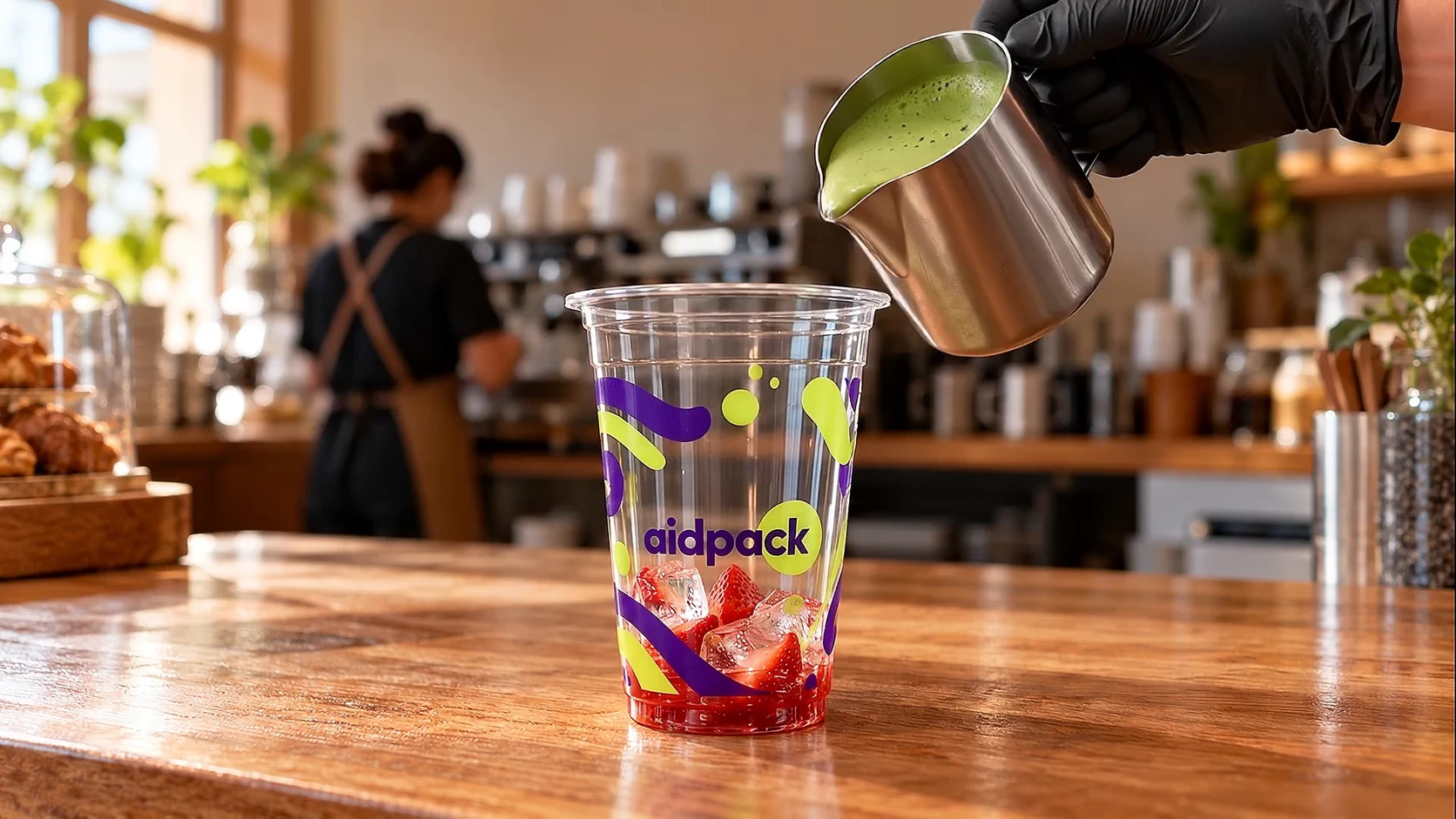 Erdbeeren, Sirup und Eis im transparenten AidPack-Becher vor dem Eingießen von Matcha — generiertes Gestaltungsbeispiel